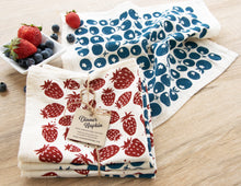 Load image into Gallery viewer, Strawberry and blueberry dinner napkins hand printed on 100% unbleached cotton
