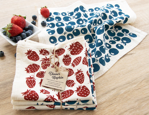Strawberry and blueberry dinner napkins hand printed on 100% unbleached cotton