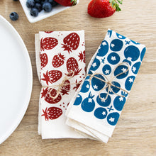 Load image into Gallery viewer, Strawberry and blueberry dinner napkins hand printed on 100% unbleached cotton. Set of 2 wrapped in twine
