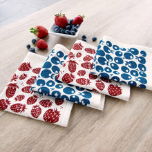 Load image into Gallery viewer, Strawberry and blueberry dinner napkins hand printed on 100% unbleached cotton. Set of 4
