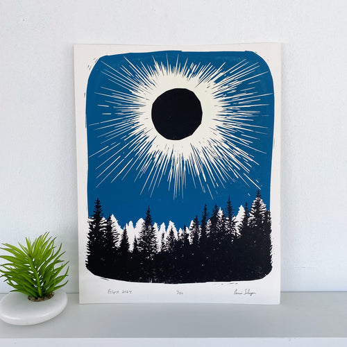 Solar Eclipse original artwork, glows in the dark, hand printed, black and blue ink