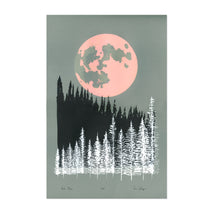 Load image into Gallery viewer, Pink flower moon, black and white trees, hand printed on steel blue French Paper

