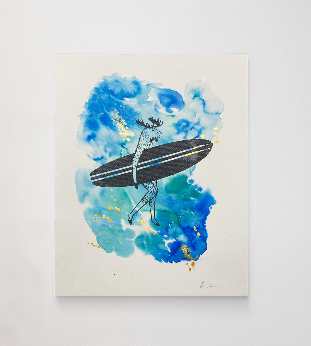 Surfer Moose | Mixed Media Silk Screen Print & Acrylic Ink | 11x14
