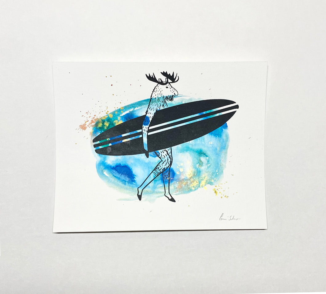 Surfer Moose | Mixed Media Silk Screen Print & Acrylic Ink | 8x10